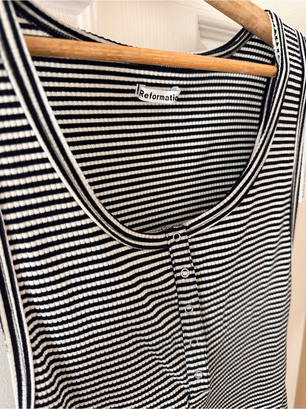 Reformation Black and White Striped Henley Ribbed Thong Bodysuit - Size Large